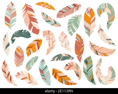 Tribal Feathers Mint, Coral, Navy and Yellow Gold Vector Set. Fluffy feathering quil and colorful feathery birds plume illustration. Stock Vector
