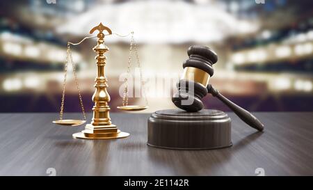 Judges Gavel And Scale Of Justice On The Black Wood Background, Top View. Law Concept. 3d rendering Stock Photo