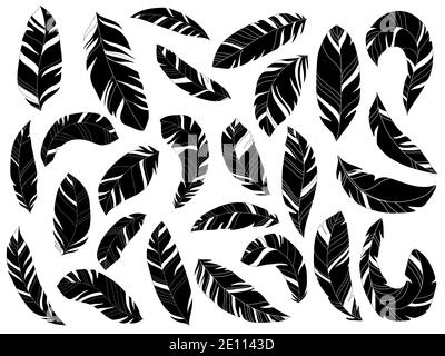 Vector Set of Stylized or Abstract Feathers and Feather Black Silhouettes on white background. Icon. Quill symbol, simple shape pictogram collection. Stock Vector