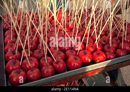 Candy or toffee apples for sale on a Cairo street stall. Stock Photo