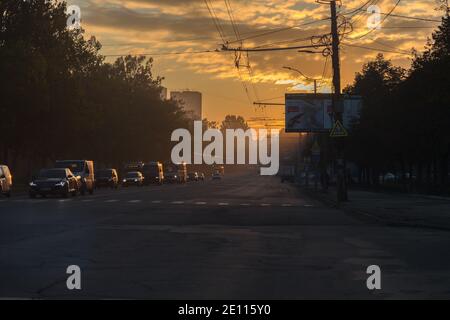 Sunrise in the city on Calea Iesilor street. Chisinau, Republic of Moldova, November 03. 2020 at 08:09 a.m. Stock Photo