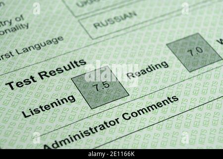 Stafford, United Kingdom - January 3 2021: Authentic IELTS test report form. The International English Language Testing System is an international sta Stock Photo