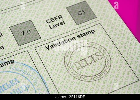 Stafford, United Kingdom - January 3 2021: Authentic IELTS test report form. The International English Language Testing System is an international sta Stock Photo