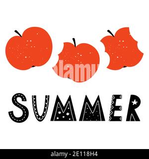 Cute summer word hand drawn lettering in Scandinavian style with bitten apples with texture isolated on white background. Doodle style childish vector Stock Vector