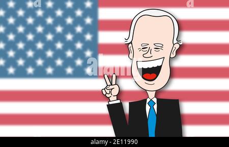 Caricature of Joe Biden Elected President of US United States in front of a big blurred American flag. Cartoon Vector Drawing. Stock Photo