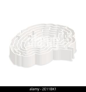 Complicated gray labyrinth in brain shape in isometric view on white Stock Vector