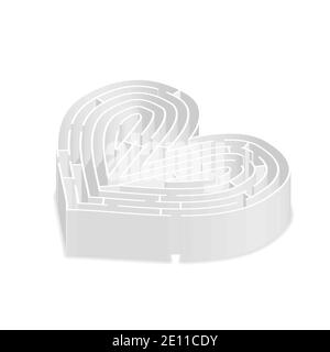 Complicated gray labyrinth in heart shape in isometric view on white Stock Vector