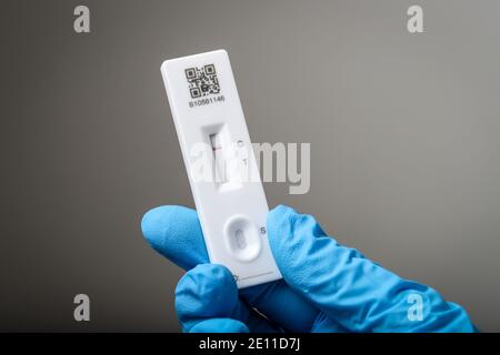 Coronavirus test using a Lateral Flow Device, the test shows a negative result, the patient does not have coronavirus. Stock Photo