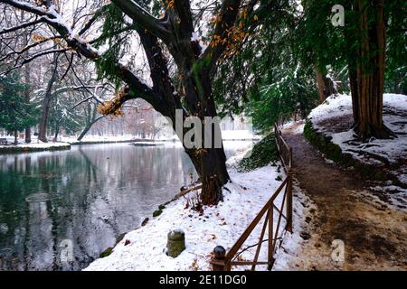 Park of Monza after a snowstorm with the Pond frozen, and the footpath covered with snow. Monza, Lombardy, Italy Stock Photo
