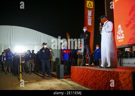 Briefing at the bivouac, Yann Le MoÃ«nner, ASO CEO, Prince Abdul Aziz bin Turki Al-Faisal, chairman of the General Sports Authority during the 1st stage of the Dakar 2021 between Jeddah and Bisha, in Saudi Arabia on January 3, 2021 - Photo Julien Delfosse / DPPI / LM Stock Photo