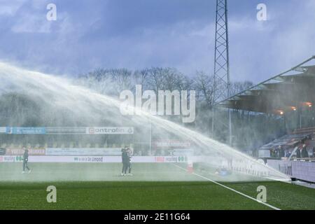 VELSEN, NETHERLANDS - JANUARY 3: Buko Stadion watering the field / water sprinkler / water canon during the Dutch Keukenkampioendivisie match between Stock Photo
