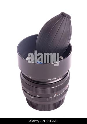 Air blower with camera lens Isolated on a white background. Stock Photo