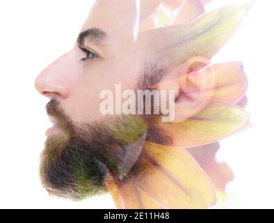 A bearded bold man profile double exposure portrait close up Stock Photo