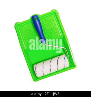 Paint roller with blue handle in green paint tray isolated on white background. Repair, painting work Stock Photo