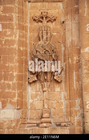 Stone carving on Ishak Pasha Palace at Dogubeyazit in Agri, Turkey. The palace is built on a hill at the side of a mountain 5 km east of Dogubeyazit. Stock Photo