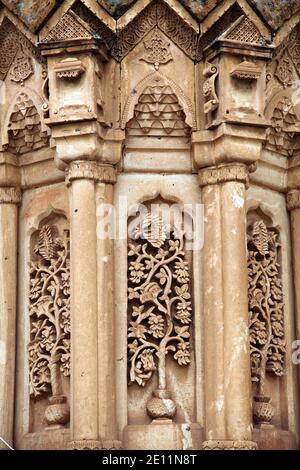 Stone carving on Ishak Pasha Palace at Dogubeyazit in Agri, Turkey. The palace is built on a hill at the side of a mountain 5 km east of Dogubeyazit. Stock Photo