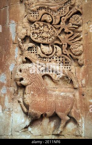 Stone carving on Ishak Pasha Palace at Dogubeyazit in Agri, Turkey. The palace is built on a hill at the side of a mountain 5 km east of Dogubeyazit. Stock Photo