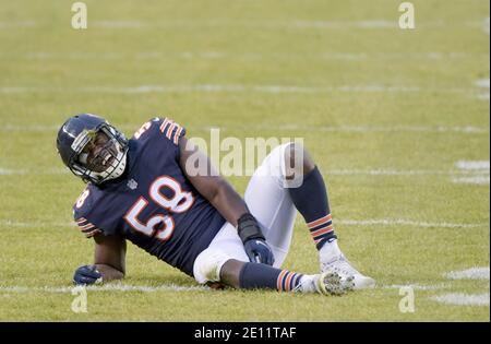 Chicago, United States. 03rd Jan, 2021. Chicago Bears inside linebacker Roquan Smith (58) sit on the ground after being injured during the first quarter against the Green Bay Packers at Soldier Field in Chicago on Sunday, January 3, 2021. Photo by Mark Black/UPI Credit: UPI/Alamy Live News Stock Photo