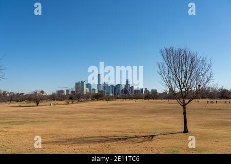 View of Downtown Austin Skyline from Zilker Park in Winter Stock Photo