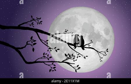Silhouette of Loving birds perched on a branch of a tree over the full moon for  Love and Valentine day. Vector illustration. Stock Vector