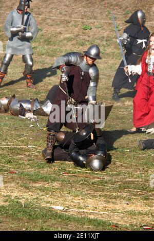 KOPRIVNICA, CROATIA – SEPTEMBER 11, 2011: The duel of two knights, a Medieval Fair in Koprivnica, Croatia Stock Photo