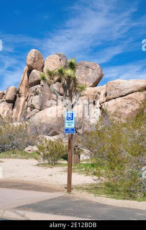 Handicapped Paking Only sign at sunny Joshua Tree National Park in California Stock Photo