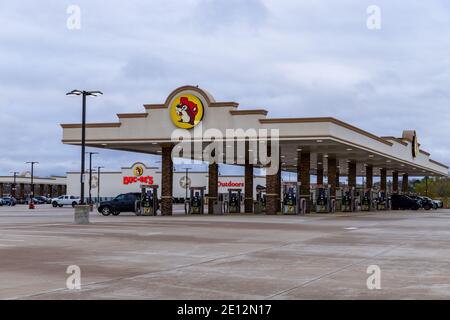 Buc-ees convenience store and gas station sign in Waller, Texas