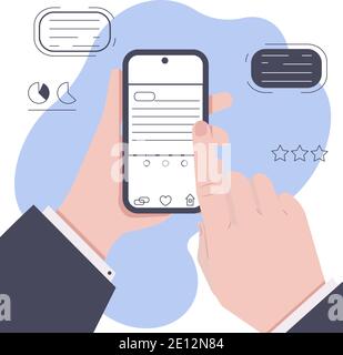 One hand is holding the phone, the other is pointing at the screen. Vector illustration Stock Vector