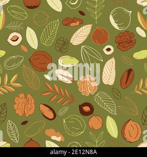 Seamless pattern with walnuts, pistachios with hazelnuts and leaves on an olive background. Doodles. Whole nuts, peeled and unpeeled. Stock Vector