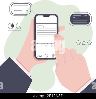 One hand is holding the phone, the other is pointing at the screen. Vector illustration Stock Vector