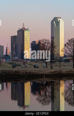 Downtown view of Dallas, Texas skyline during sunset from the reflecting pond at Trammell Crow Park along the Trinity River. Stock Photo