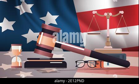 gavel and judge book on USA flag american presidential inauguration day celebration concept greeting card view horizontal vector illustration Stock Vector