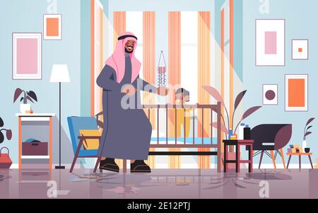 arab father playing with little son in crib fatherhood parenting concept dad spending time with his kid at home bedroom interior full length horizontal vector illustration Stock Vector