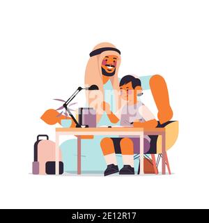 arab father helping son doing homework parenting fatherhood friendly family concept dad spending time with his kid full length vector illustration Stock Vector