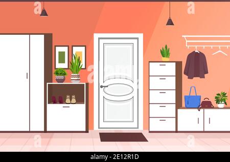 Cartoon house hallway entrance interior with wooden hanger, stairs and ...