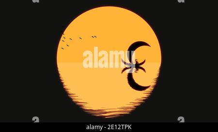 colorful sunset view with A person driving a boat and beautiful Seagull bird flying over sky, Sunset Silhouette Travel and nature Concept. Stock Photo