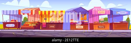 Outdoor market stalls, fair booths, wooden kiosks with striped awning, clothes and food products. Wood vendor counters with sunshade for street trading, city retail places, cartoon vector illustration Stock Vector