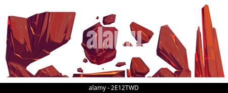 Rocks and stones with glowing lava in cracks, mountain texture, nature elements, geological materials or pc game formation. Volcano eruption isolated on white background. Cartoon vector illustration Stock Vector