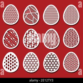 Easter eggs set. White ornamental textured eggs for laser cutting on red background. Geometry seamless pattern in egg shape Stock Vector