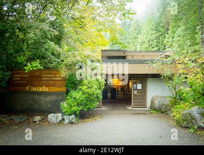 The interpretive centre of the Capilano River Hatchery (Capilano Salmon Hatchery), a fish farm in North Vancouver, British Columbia (BC), Canada. Stock Photo