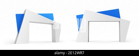 3d arch of modern architecture design, abstract angular blue and white color buildings, gates construction for exterior or interior front and side view, isolated realistic vector illustration, mockup Stock Vector