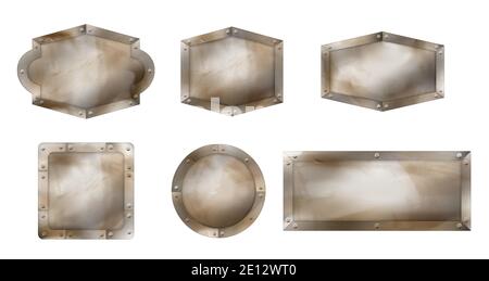 Old metal signs different shapes, rusty boards with steel frame and screws. Vector realistic set of blank iron signboards, advertising banners with rivets isolated on white background Stock Vector