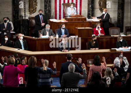 Speaker of the House Nancy Pelosi, D-Calif., swears in members of the 117th Congress on the House floor in the Capitol on Sunday, January 3, 2021. Photo By Bill Clark/Pool/ABACAPRESS.COM Stock Photo