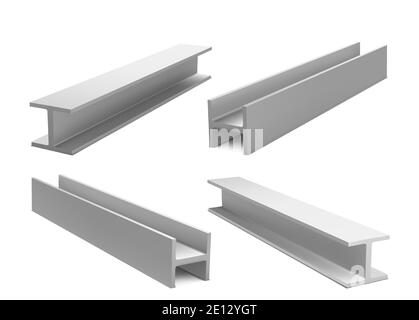 Metal construction beams, steel structure girders isolated on white background. Vector realistic set of iron joist for building, stainless structural profile. 3d illustration of strong i-beams Stock Vector