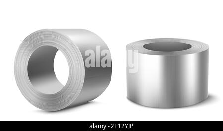Steel rolls, heavy metallurgical industry, industrial manufacturing business production shiny metal stainless iron or aluminum cylinders isolated on white background, Realistic 3d vector illustration Stock Vector