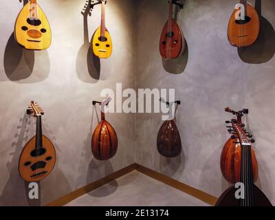 Middle Eastern Oud displayed on a wall | Musical instrument and traditional tool featured in Turkish and Arabic music Stock Photo