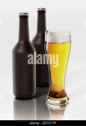 Two beer bottles and a glass of beer isolated on white background. 3D illustration. Stock Photo