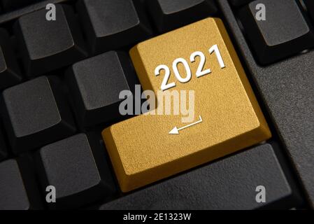 Computer keyboard and 2021 New Year's wish concept. Stock Photo