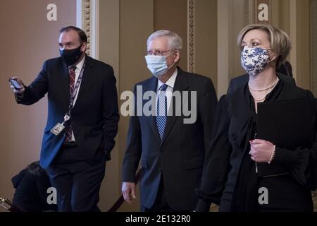 Washington, United States. 03rd Jan, 2021. United States Senate Majority Leader Mitch McConnell (Republican of Kentucky) walks to his office from the Senate chamber at the U.S. Capitol as the 117th Congress convenes in Washington, DC, Sunday, January 3, 2021. Photo by Rod Lamkey/CNP/ABACAPRESS.COM Credit: ABACAPRESS/Alamy Live News Stock Photo