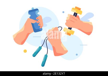 Concept of sports equipment female hands wrestling sports things Stock Vector